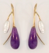 Pearl Stone Earring, 14 karat gold, amethyst and freshwater cultured pearl