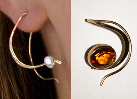 Curl Earring in 14 kt. gold and freshwater pearl or citrine